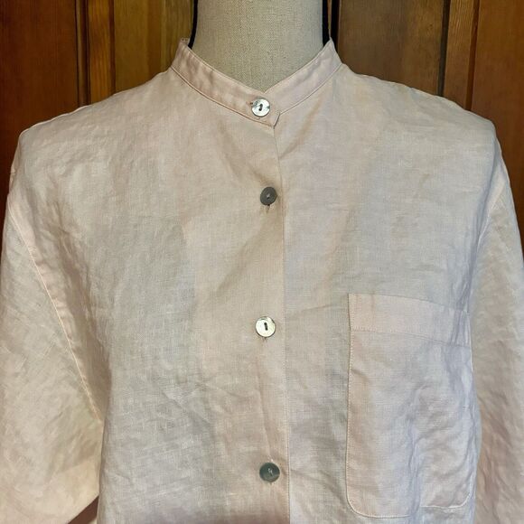 Rafaella Linen Button Down Shirt Pink Size Medium Collarless Work Casual - Picture 2 of 7